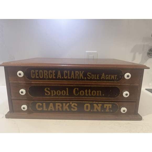 Other - Antique Spool Cabinet Clark's O.N.T 3 Drawers W Label Vintage